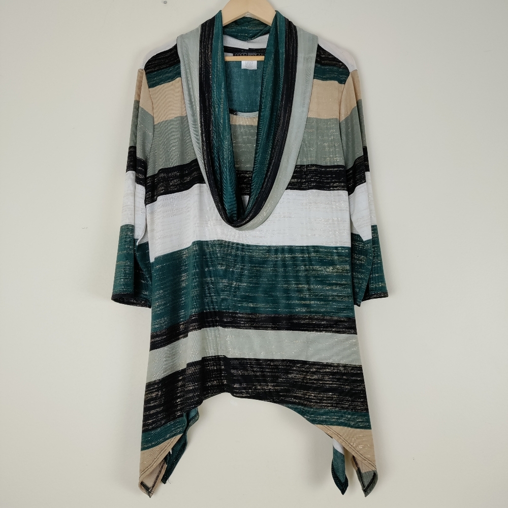 Coco Bianco Metallic Multicolor Cowl Neck Asymmetric Boho Tunic Size XL Top